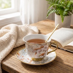 May include: A white teacup and saucer set with a floral design in peach and gold, filled with tea, and a gold spoon. The teacup sits on a wooden table next to an open book and a small potted plant.