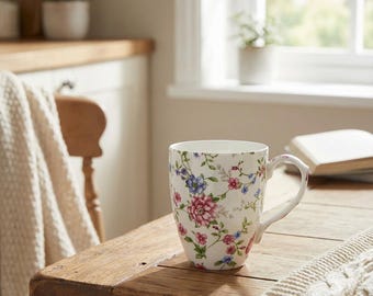 Vintage floral bone china coffee mug, 14 ounces