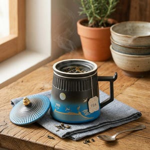 May include: A black and blue ceramic tea mug with a lid, tea infuser, and handle. The mug features a landscape design with a moon and birds. A tea bag with the word "TEA" is attached. The mug is on a gray cloth with a spoon.