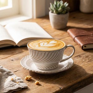 May include: A white ceramic coffee cup and saucer set with a latte, featuring a decorative leaf design in the foam. The cup and saucer have a textured, ridged pattern. The scene includes a wooden table, an open book, and a small succulent plant.