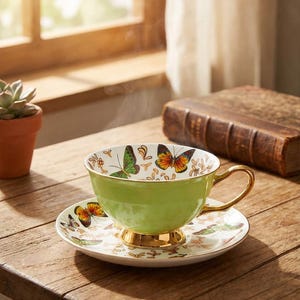 May include: A green teacup and saucer set with a butterfly design. The teacup has a gold handle and base, and the saucer has a matching butterfly pattern. The cup is filled with a steaming beverage.