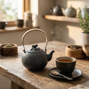 May include: A dark gray textured teapot with a rope handle sits on a wooden table next to a cup of tea. Steam rises from the cup. A small spoon rests on the saucer. Wooden containers of tea leaves are also on the table.