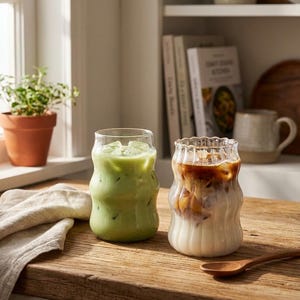 May include: Two clear, wavy-shaped glasses filled with iced beverages sit on a wooden surface. One glass contains a green drink, the other a layered coffee drink. A wooden spoon rests nearby. A plant in a terracotta pot is visible in the background.