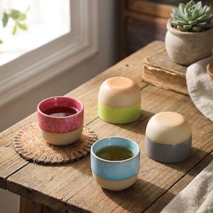 May include: A set of three ceramic mugs with a speckled, matte finish. The mugs are in shades of cream, light gray, and dark gray. Each mug has a simple, minimalist design, perfect for coffee or tea.