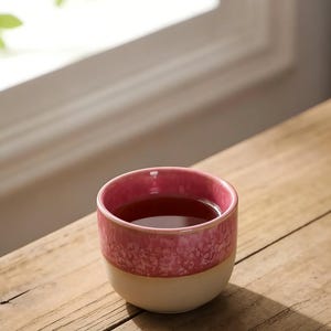 May include: A ceramic cup with a pink speckled rim and a cream-colored base, filled with a dark liquid. The cup sits on a wooden surface, with a window in the background.