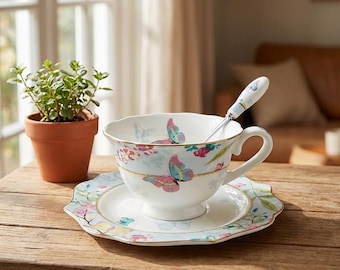 Butterfly Bone China Tea Cup Set, 7oz Fine Porcelain