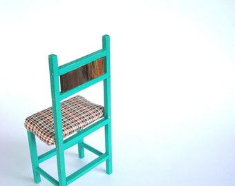 Chair, wooden, miniature, 1950's Dream Green w/ Plaid seat, Black Walnut Back, 8 inches high chair