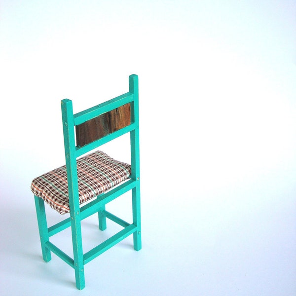 Chair, wooden, miniature, 1950's Dream Green w/ Plaid seat, Black Walnut Back, 8 inches high chair