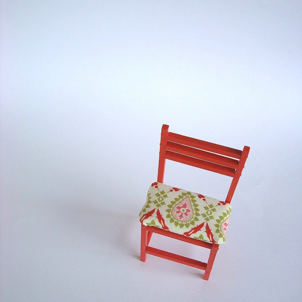 Chair, wooden, miniature, Seaside Pink with Paisley fabric seat, 8 inches high chair