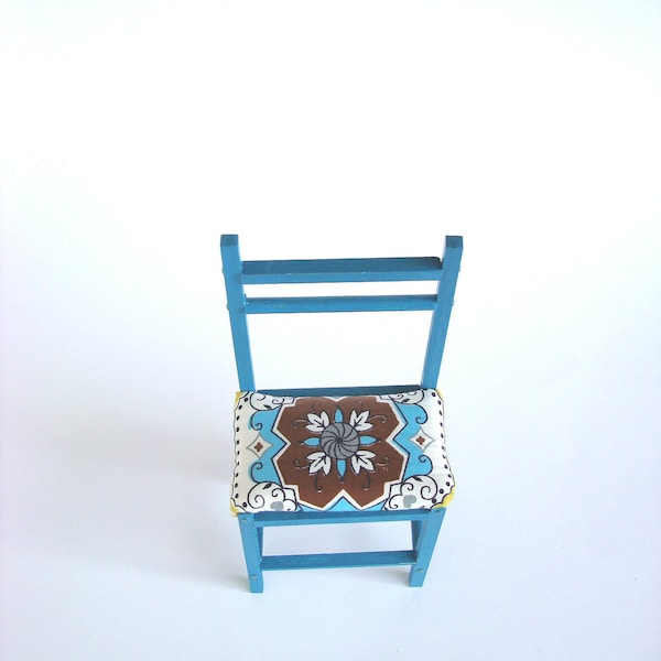 Chair, wooden, miniature,  Deep Turquoise with Mosaic print, 8 inches high chair