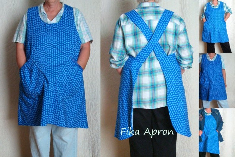 Womens Full Apron Knee Length Fika Swedish Coffee Break Star Fabric Ruffled Pockets and Towel Loop Snowflake image 4