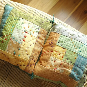 Pillow Decorative Accent Embroidered Log Cabin Pattern Fall Decor or Pinchusion Light Green and Gold