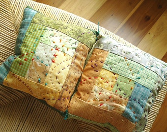 Pillow Decorative Accent Embroidered Log Cabin Pattern Fall Decor or Pinchusion Light Green and Gold