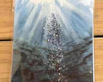 Original Watercolor Ocean Depths Art, Moody Blue Light Rays Painting (8x10)