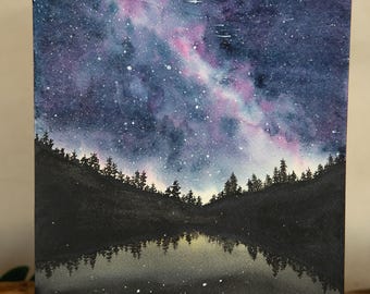 Milky Way Watercolor Painting | Forest Lake Reflection, 8x10 Arches Paper