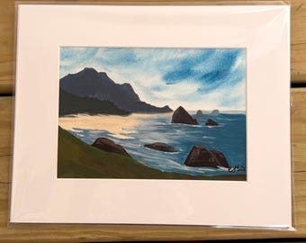 Oregon Coast Gouache Painting, Coastal Cliff Seascape Art (Matted 8x10)