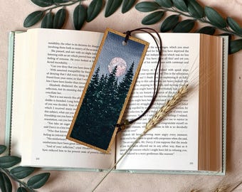 Moonlit Forest Watercolor Bookmark – Hand Painted Gold Edged Art (2x6 inches)