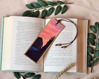 Haystack Rock Sunset Watercolor Bookmark – Gold Edged, Leather Strap – Oregon Coast Art