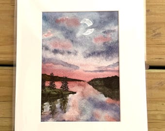 Original Watercolor Painting, Pink Sunset Lake Landscape, Misty Reflection Art (5x7 inches)