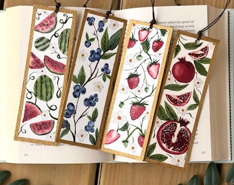 Fruit Botanical Watercolor Bookmark – Hand Painted Original Art – Artisan Bookmark with Leather Tie – Book Lover Gift