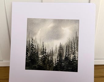 Misty Pine Forest Original Watercolor Painting, Moody Woodland Landscape Art (8x8)