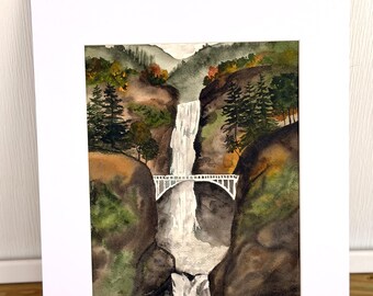 Multnomah Falls Watercolor Painting – Oregon Landscape, Columbia River Gorge Waterfall – Pacific Northwest Art (8x10 Mat)