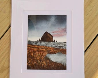 Original Watercolor Painting, Haystack Rock Cannon Beach Art, Pacific Northwest Coastal Landscape (Matted 11x14)