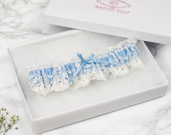 Wedding Garter - Embroidered Tulle Bridal Garter - Somthing Blue Bridal Garter - Bridal Garter UK - Personalised Bridal Garter - Blue Garter