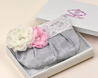 Wedding Clutch Purse - Bridesmaid Clutch Purse UK - Silver Clutch, Ivory Lace, Ivory & Pink Chiffon Flowers - Bridal Wristlet Clutch Purse