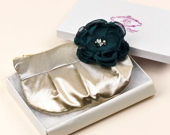 Wedding Clutch Purse - Bridesmaid Clutch Purse UK - Gold Silk Clutch & Emerald Chiffon Flower - Bridal Wristlet Clutch Purse - Wedding Bag