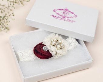 Garter - Wedding Garter - Bridal Garter NEW  - Ivory & Claret Bridal Garter Set - Special Offer for Limited Time ONLY 25% Off