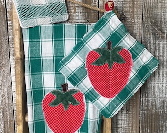 Kitchen towel, strawberry appliqué, potholder,scrubby set, green and white check, decorative towel, handmade