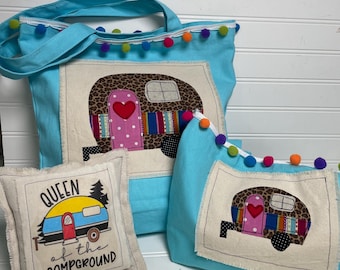Retro Camper Canvas Tote Bag with Pom-Pom Trim, Boho Camping Accessory