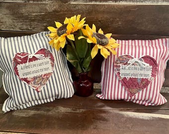 Friendship heart pillow  red blue stripe  friendship quote