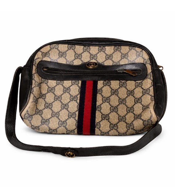 Vintage Gucci Women’s Shoulder Bag GG Monogram Web Stripe Black Trim