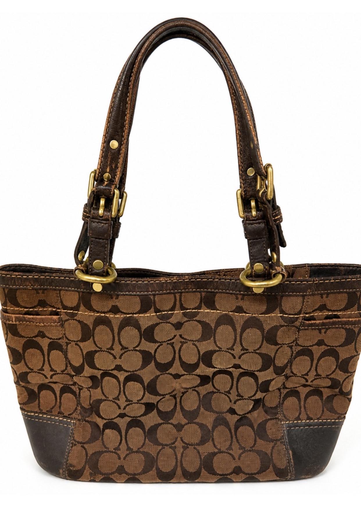 Vintage Coach Signature Shoulder Bag Brown Canvas Leather Trim 