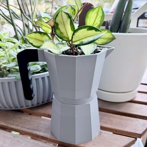 May include: A gray, geometric planter shaped like a stovetop espresso maker, holding a small plant with green and yellow variegated leaves. The planter has a black handle and sits on a wooden surface, with other plants in the background.