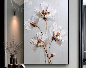 Trójwymiarowa biała sztuka z teksturą kwiatową, gruba tekstura, neutralny obraz kwiatowy, duża pionowa sztuka do salonu, oryginalna ręcznie malowana sztuka