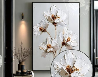 3D Textured Wall Art, White Beige Floral Painting, Vertical Magnolia Canvas Art, Modern Neutral Entryway Hallway Decor, Handmade Knife art