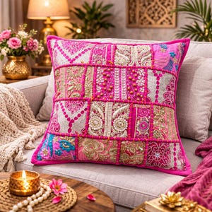 Embroidered Patchwork Cushion Cover | Indian Boho Decorative Pillow | Pink Cotton Sofa Accent
