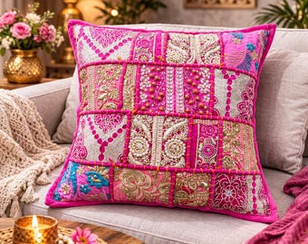 Fodera per cuscino patchwork ricamata / Cuscino decorativo boho indiano / Cuscino decorativo per divano in cotone rosa