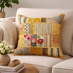 Royal Mustard Yellow Handmade Patchwork Cushion Cover with Multicolor Embroidery