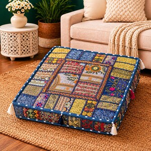 Handmade Grey Patchwork Cushion Cover, Boho Multi Color Embroidered Pillow , Only Cover