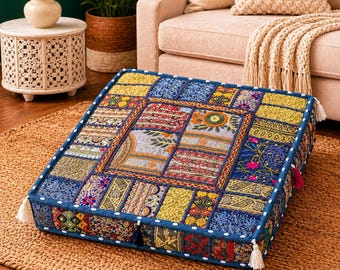 Fodera per cuscino patchwork grigia fatta a mano, cuscino boho multicolore ricamato, solo fodera