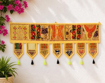 Toran giallo patchwork fatto a mano, Bandarwal etnico indiano, decorazione per porta con nappe