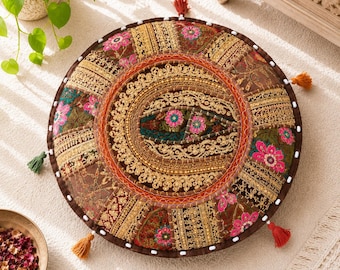 Handmade Brown Round Floor Cushion, Vintage Indian Patchwork Pouf, Royal Embroidered Ottoman, Boho Mandala