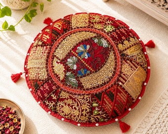 Handgefertigtes Rundes Bodenkissen, Boho Patchwork Ottoman Pouf, Indisches Gesticktes Kissen, Vintage Wohndekor