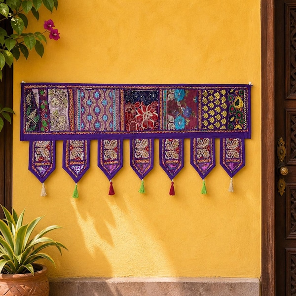 Purple Patchwork Toran Wall Hanging, Handmade Indian Bandarwal, Embroidered Tassel Door Decor