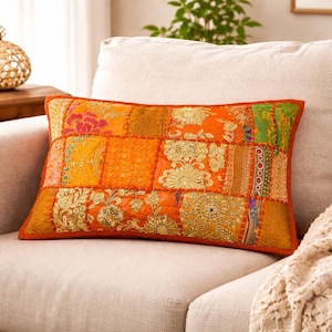 Capa de almofada artesanal 30x50cm em patchwork laranja multicolorido – Capa de almofada lombar bordada estilo boho vintage