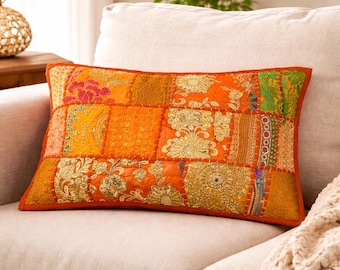 Fodera per cuscino patchwork arancione multicolore fatta a mano 12x20" – Fodera per cuscino lombare ricamata in stile vintage boho